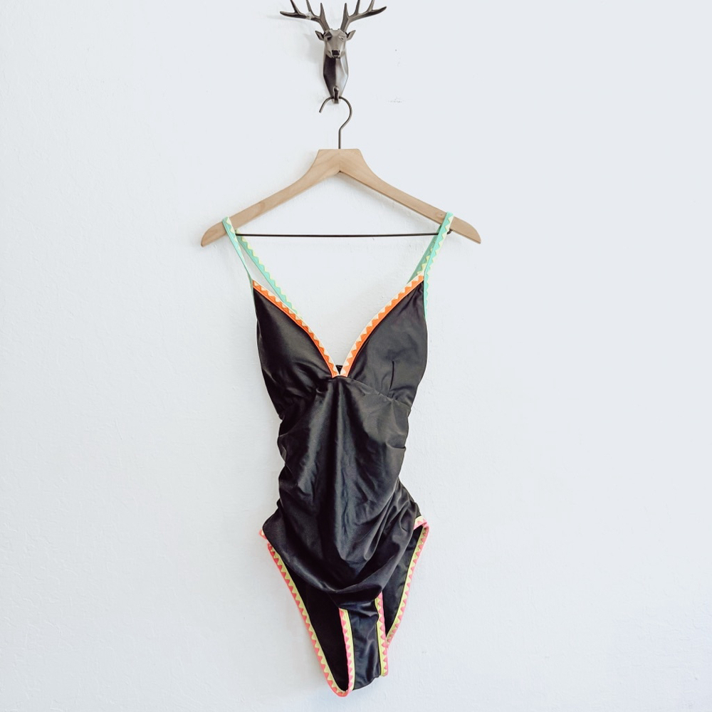 Popvil Women's Black One Piece Swimsuit with Neon Trim Size Large NWT